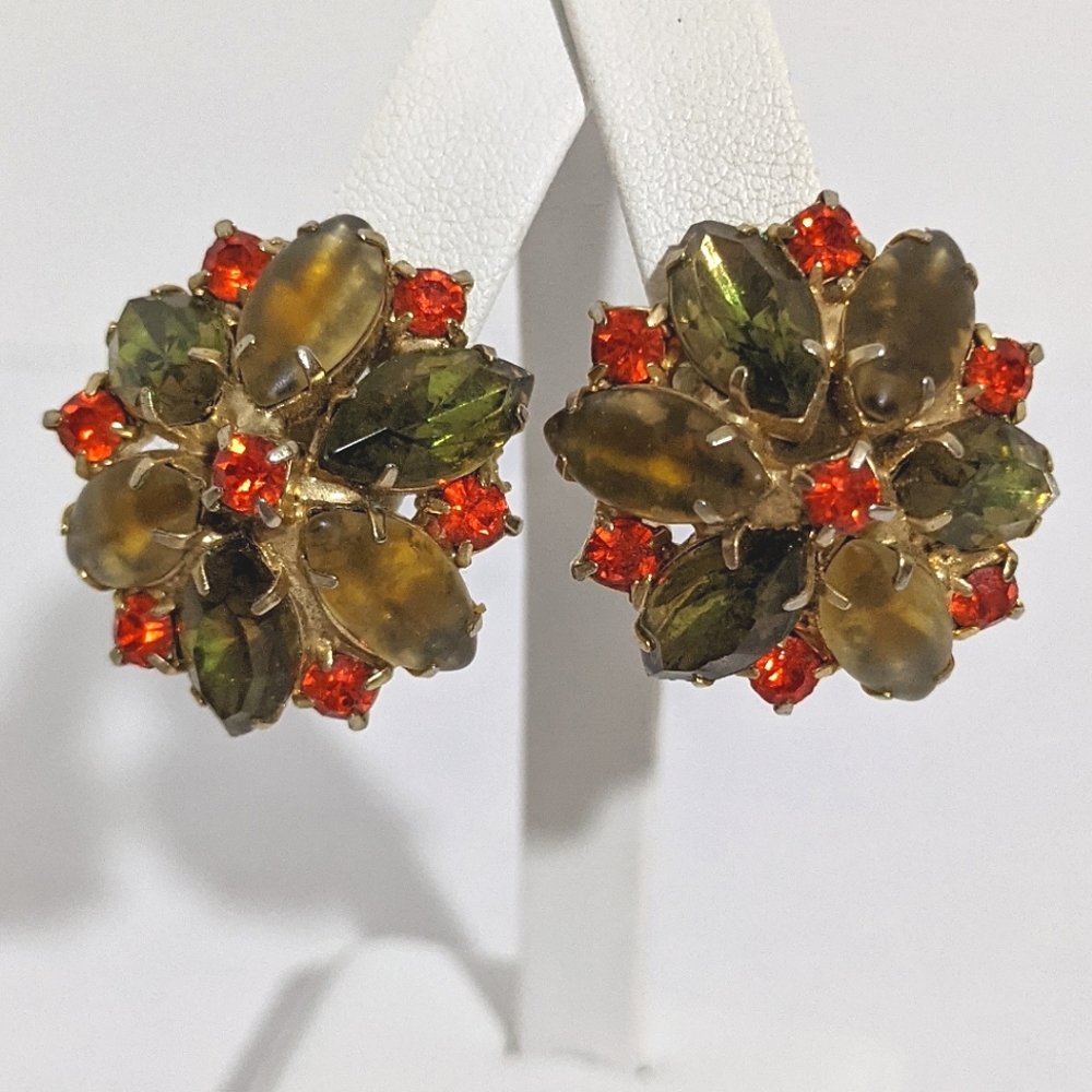 Vintage Orange & Brown Rhinestone Clip Earrings